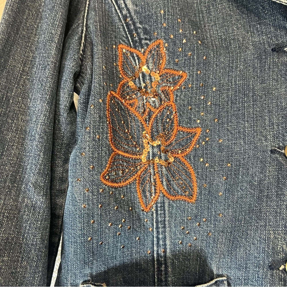 Christopher & Banks Blue Denim Jacket with Floral Accents - Picture 8 of 12